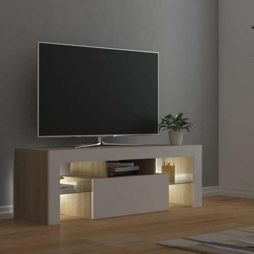 Tv-bord med LED-lys 120x35x40 cm hvid og sonoma-eg
