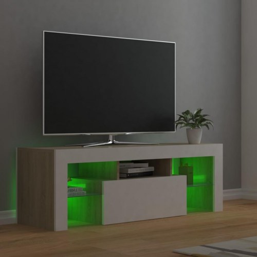 Tv-bord med LED-lys 120x35x40 cm hvid og sonoma-eg