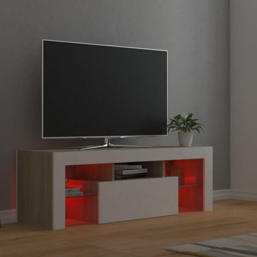 Tv-bord med LED-lys 120x35x40 cm hvid og sonoma-eg