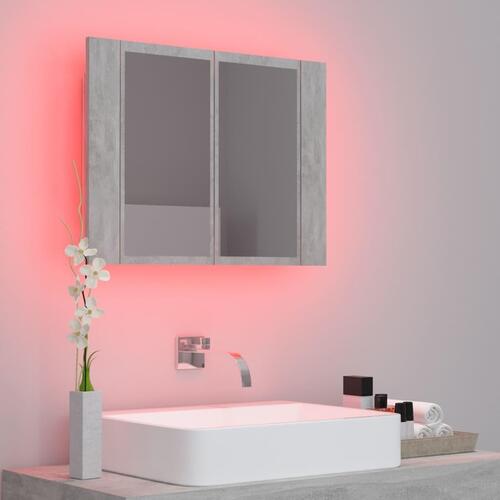Badeværelsesskab m. spejl og LED-lys 60x12x45 cm akryl betongrå