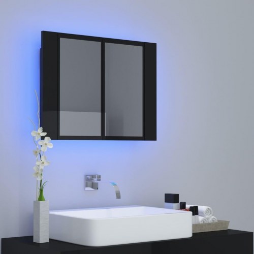 Badeværelsesskab m. spejl+LED-lys 60x12x45 akryl sort højglans