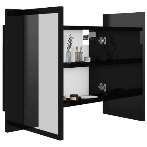 Badeværelsesskab m. spejl+LED-lys 60x12x45 akryl sort højglans