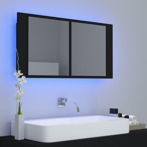 Badeværelsesskab m. spejl og LED-lys 90x12x45 cm akryl sort