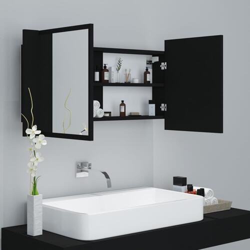 Badeværelsesskab m. spejl og LED-lys 90x12x45 cm akryl sort