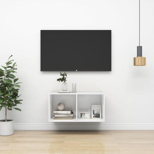 Væghængt tv-bord 37x37x72 cm konstrueret træ hvid højglans