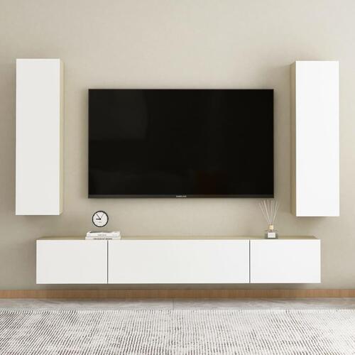 Tv-bord 30,5x30x110 cm konstrueret træ hvid og egetræsfarvet