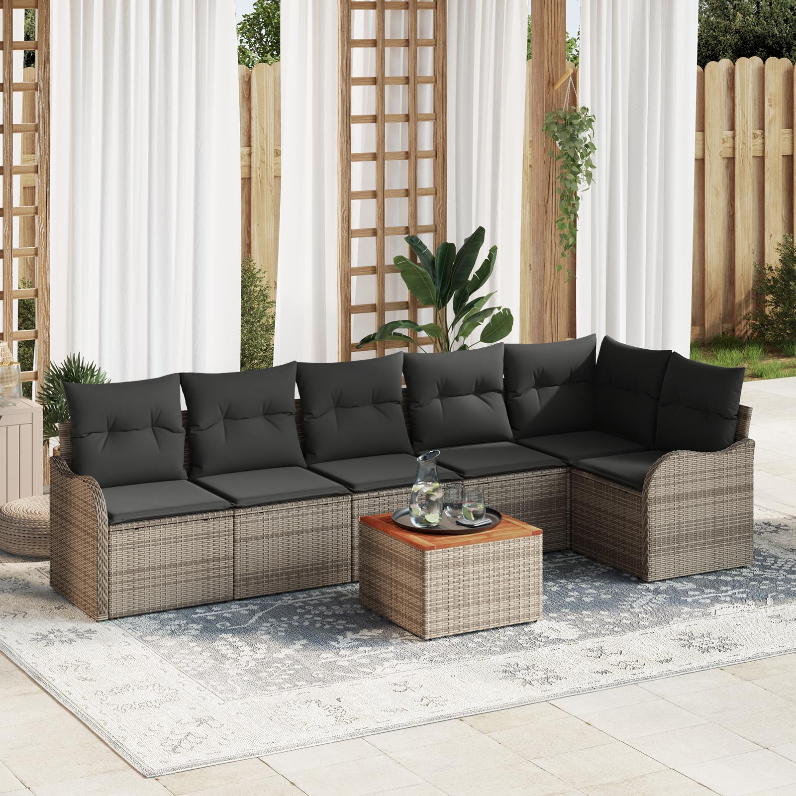 Havesofa-sæt i grå polyrattan med puder - 7 dele, modulært