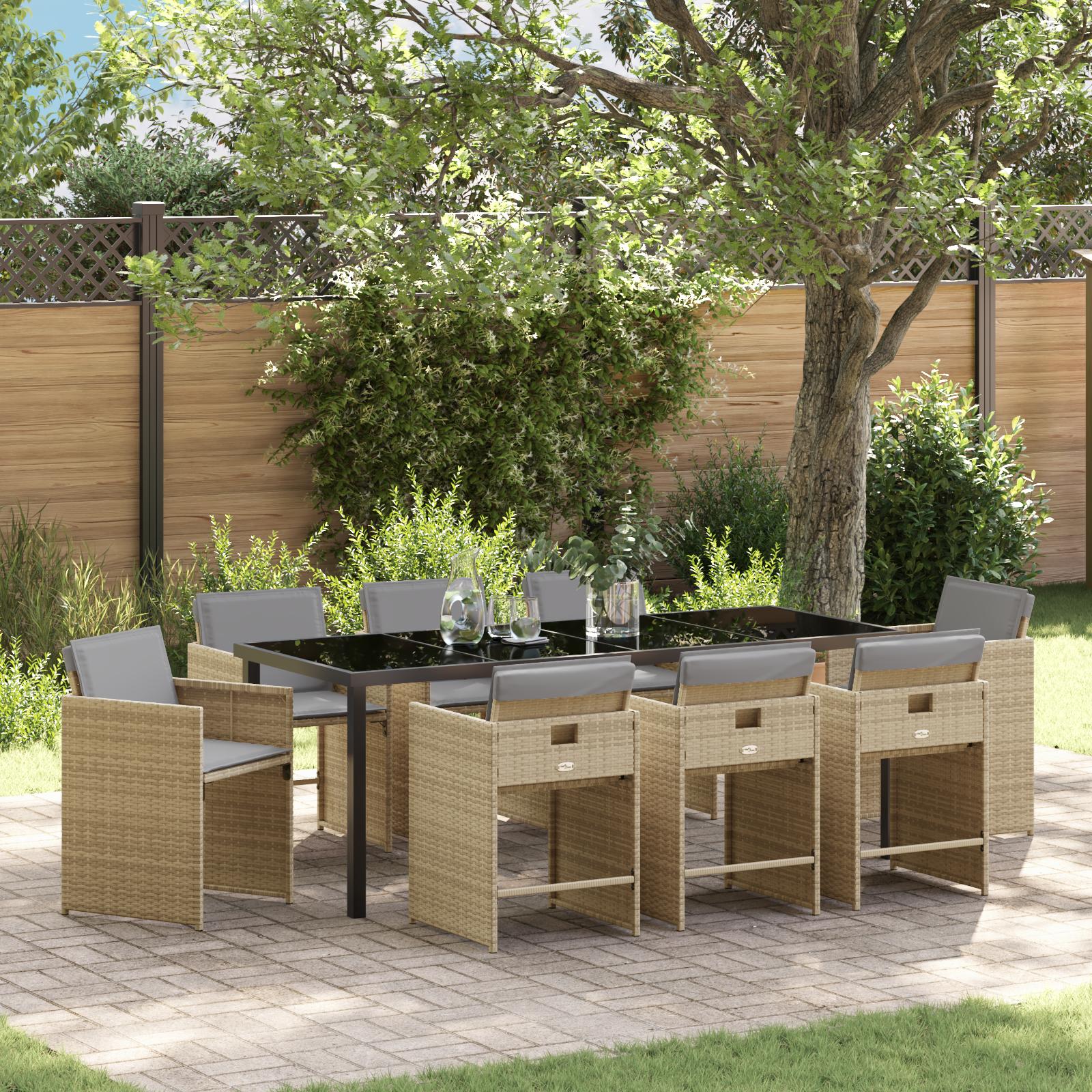 Have spisebordssæt i beige polyrattan - 9 dele, glasbord og 8 stole