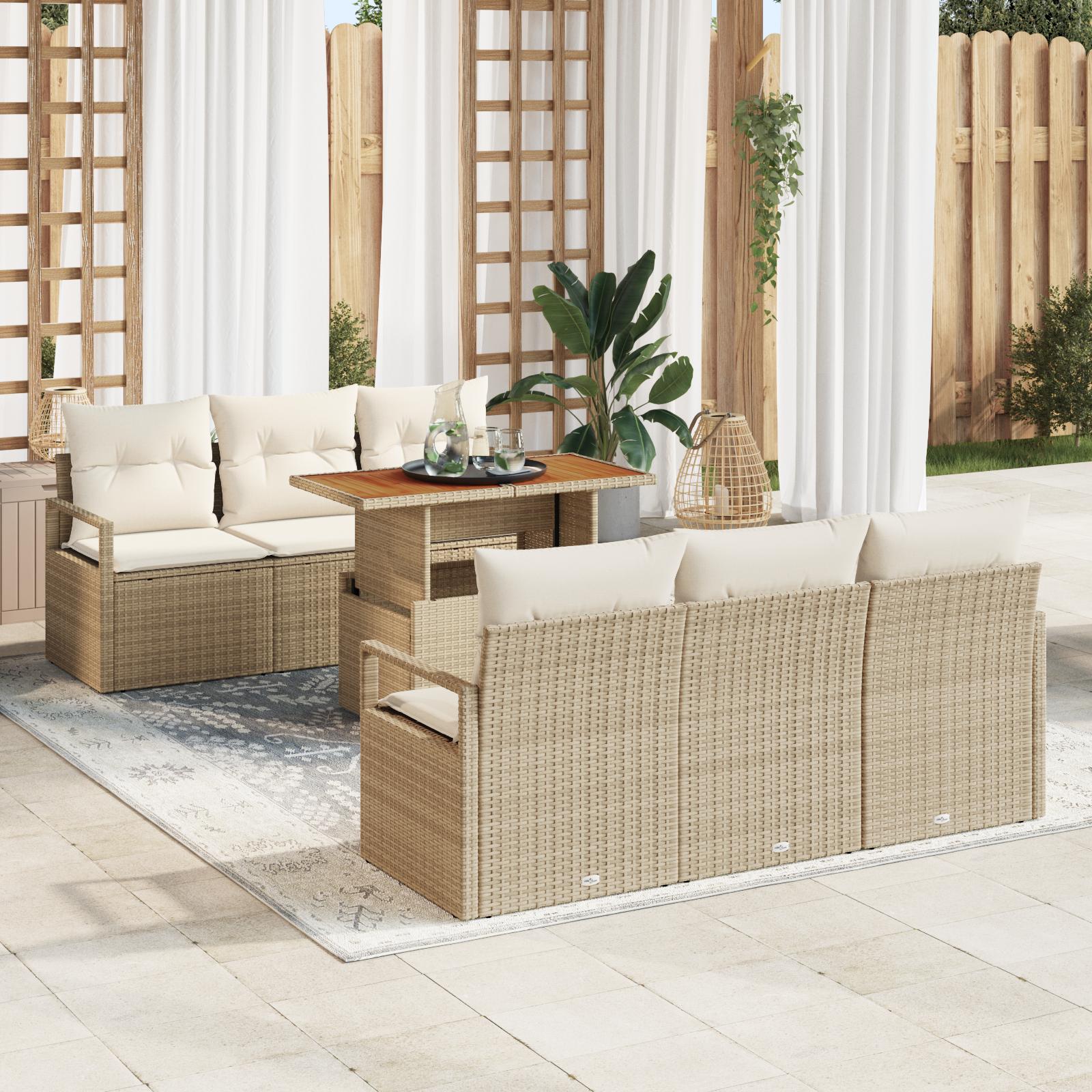 Havesofa sæt med puder 7 dele i beige og creme - polyrattan loungesæt