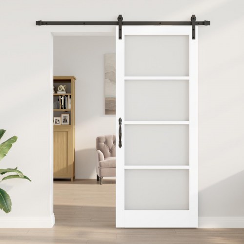 Skydedør med hardware sæt "ORKDAL" Hvid massivt træ & glas, Indendørs dør med glas "ORKDAL" Hvid 86x211x4 cm