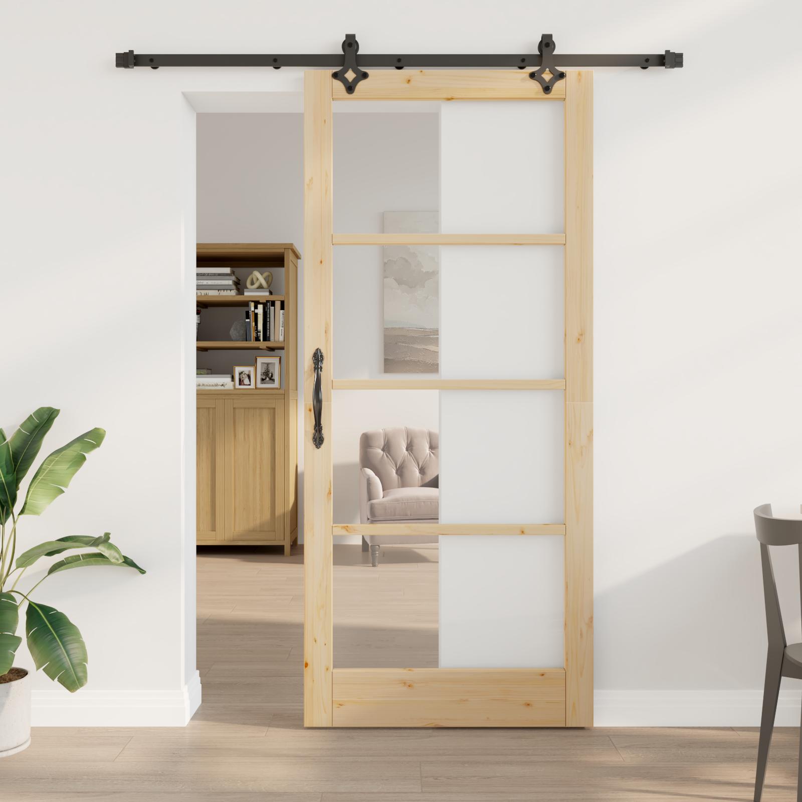 Skydedør ORKDAL - naturlig fyr/ sort skinne 93 × 211 cm