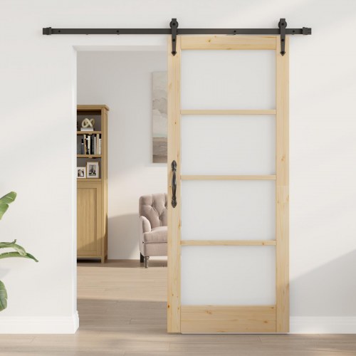 Skydedør med hardware sæt 83x202 cm solidt fyrretræ, Indvendig dør med glas 'ORKDAL'83x202x4 cm solidt fyrretræ
