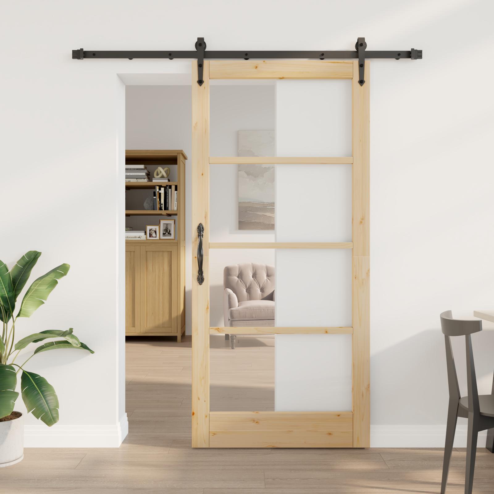 Skydedør i massivt fyrretræ med glas - natur, 93 × 202 cm