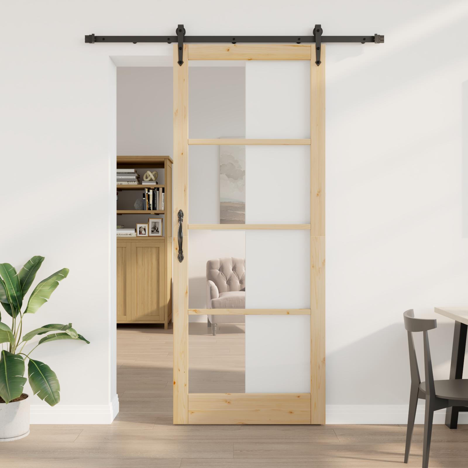 Skydedør naturfarvet 93 × 232 cm - massivt fyrretræ og glas
