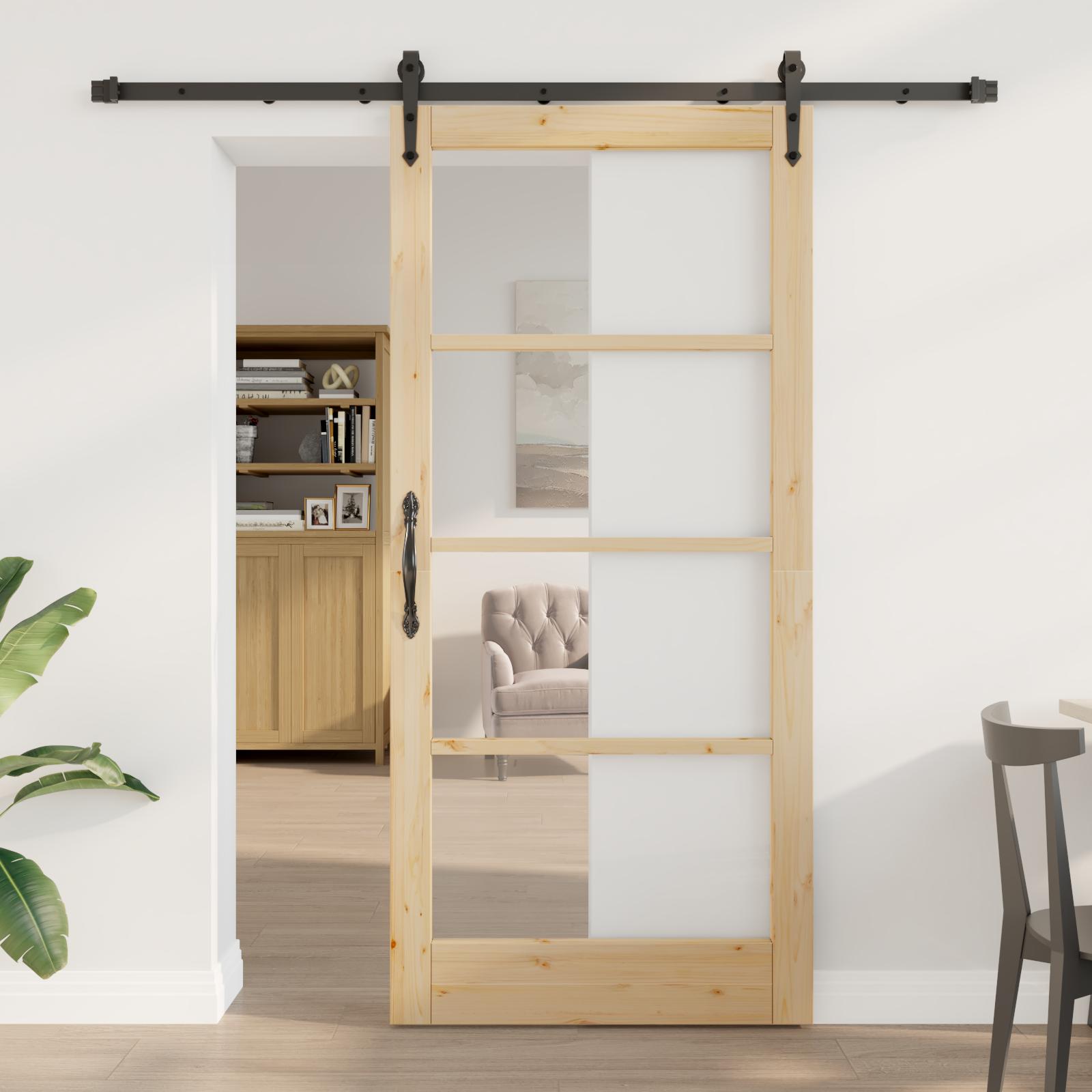Skydedør i massivt fyrretræ og glas - naturlig/sort 93 × 202 cm