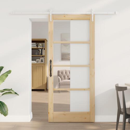 Skydedør med beslag sæt 78x202 cm massivt træ fyrretræ, Indvendig dør med glas 'ORKDAL'78x202x4 cm massivt træ fyrretræ