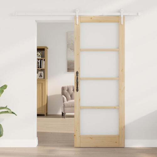 Skydedør med beslag sæt 78x202 cm massivt træ fyrretræ, Indvendig dør med glas 'ORKDAL'78x202x4 cm massivt træ fyrretræ
