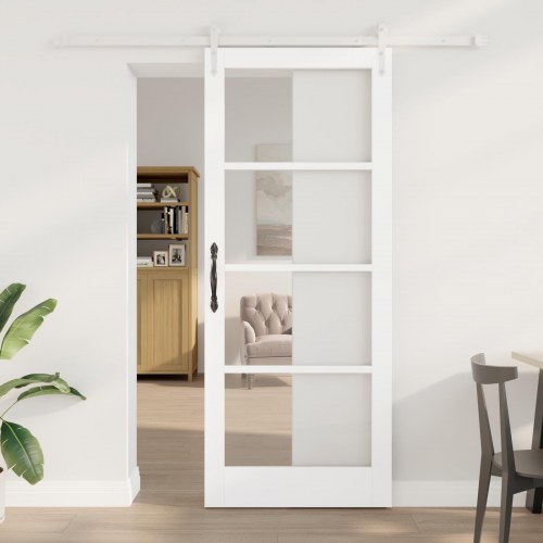 Skydedør med hardware sæt Hvid 86x211 cm Massivt træ fyr, Indvendig dør med glas 'ORKDAL'Hvid 86x211x4 cm