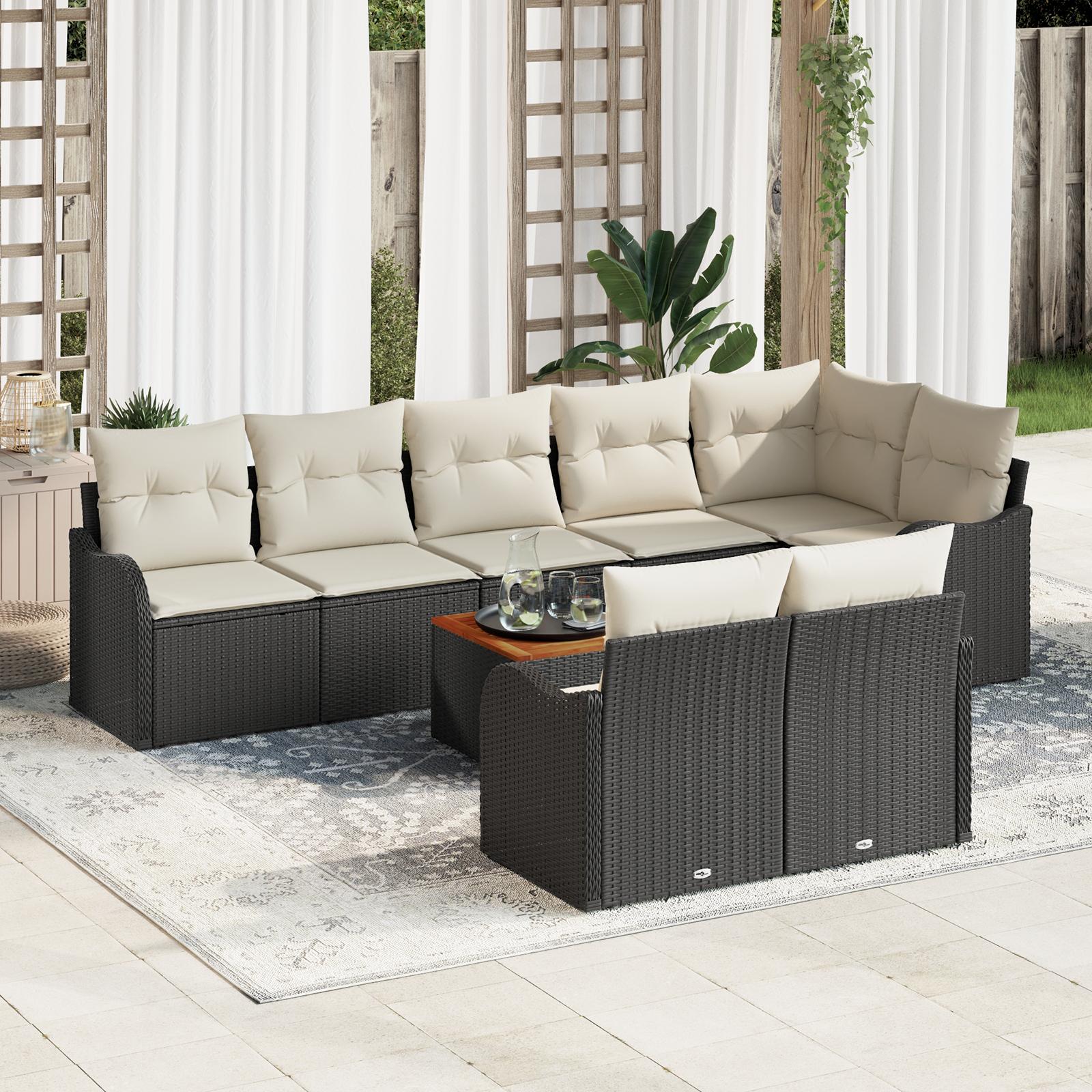 Havesofa sæt i sort polyrattan - 9 dele med puder, modulopbygget