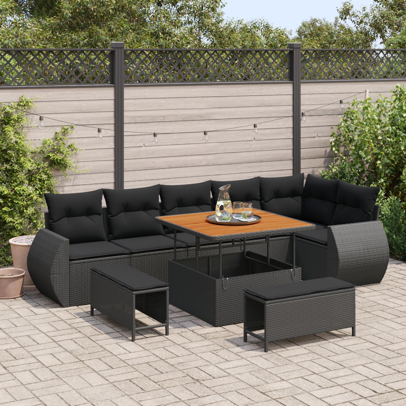 Havesofa sæt i sort polyrattan - 9 dele, modulært loungesæt med justerbart bord
