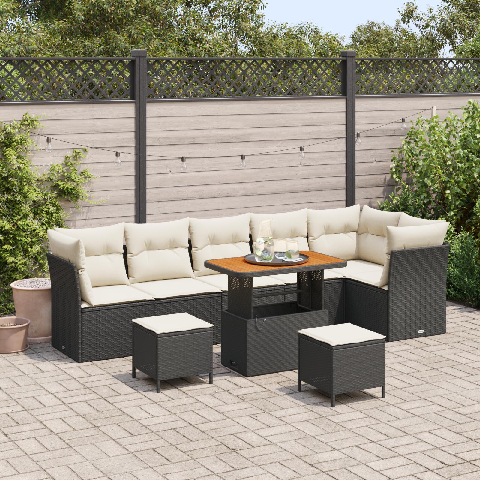 Havesofa Sæt med pude 9 stk Sort og cremefarvet 90 x 55 x 71 cm