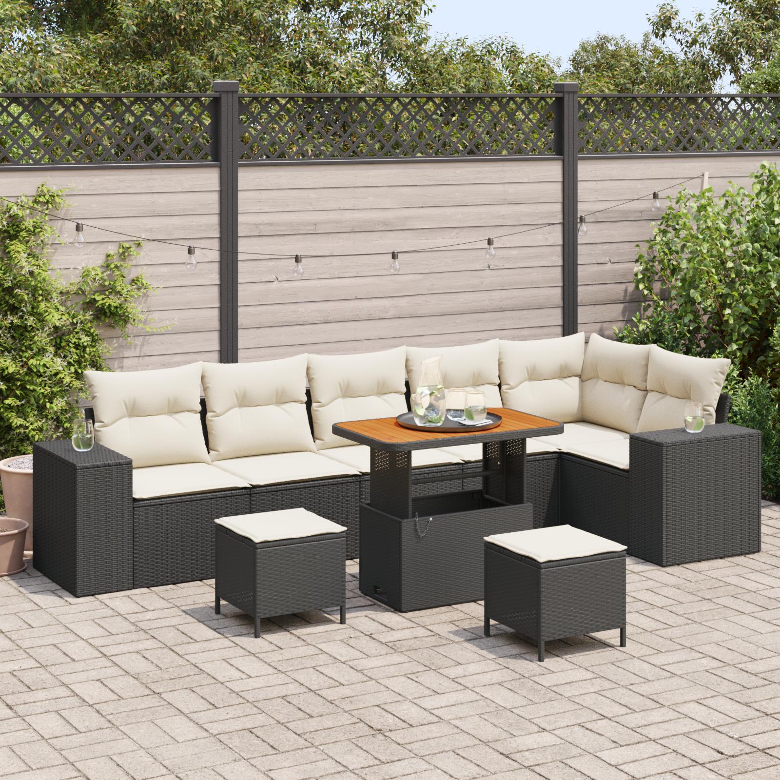 Havesofa Sæt med pude 9 stk Sort og Cream 90 x 55 x 71 cm
