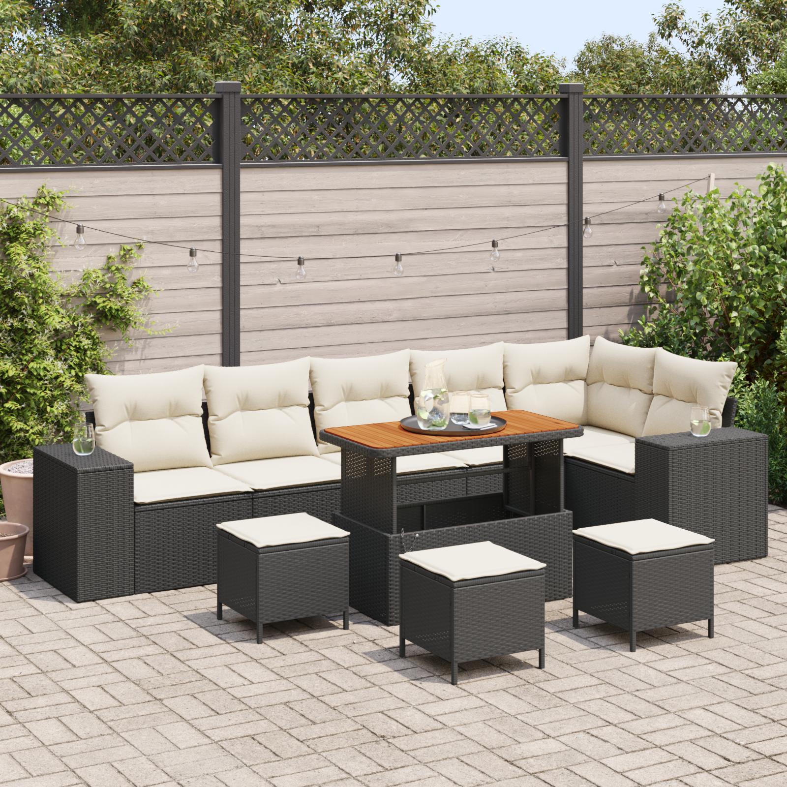 Havesofa Sæt med pude 10 stk Sort og Cream 110 x 55 x 71 cm