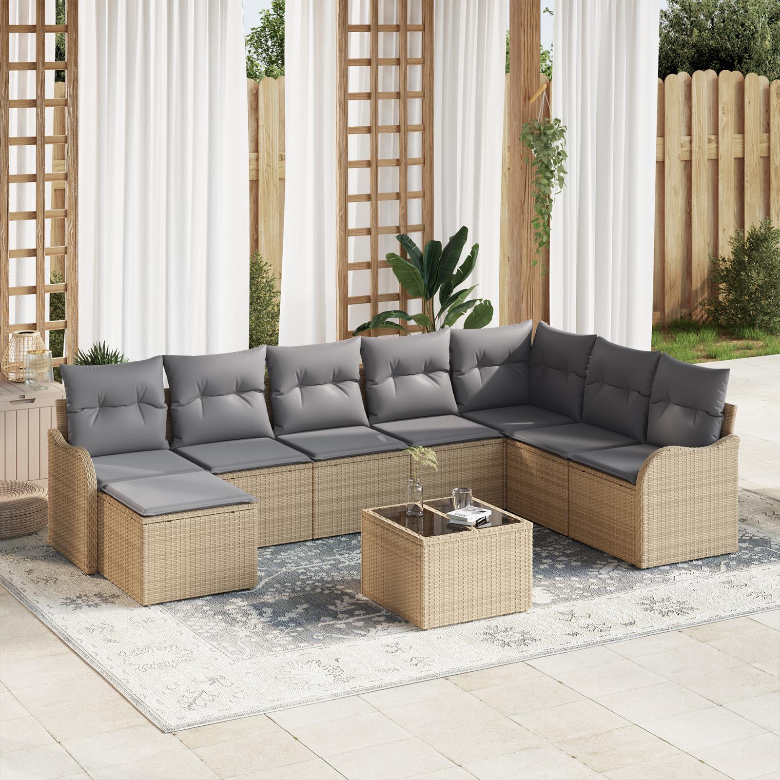 Havesofa Sæt med pude 9 stk Beige Poly rattan