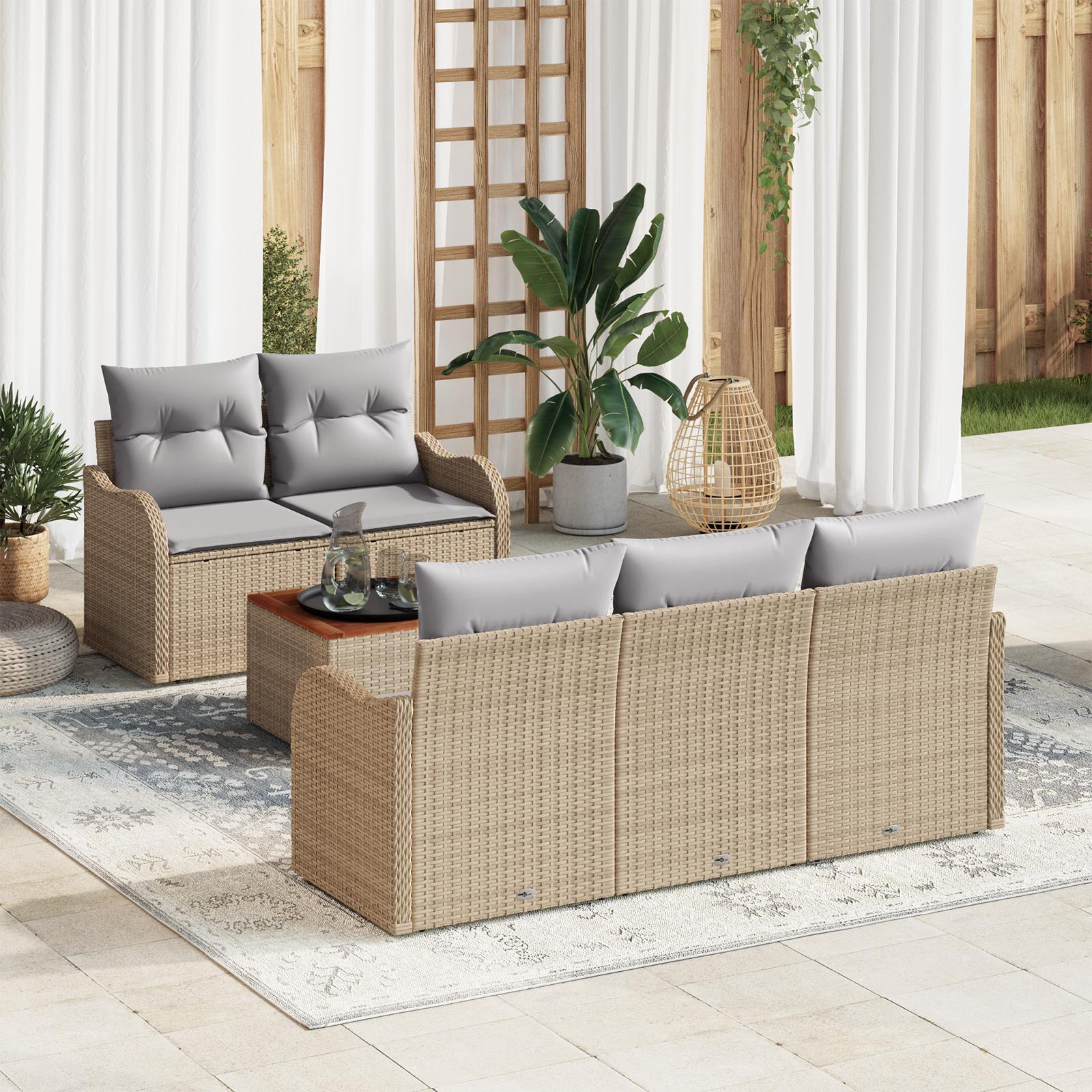 Havesofa-sæt i beige polyrattan - modulær 6-dels loungesofa med akacietræsbord, 5 pladser