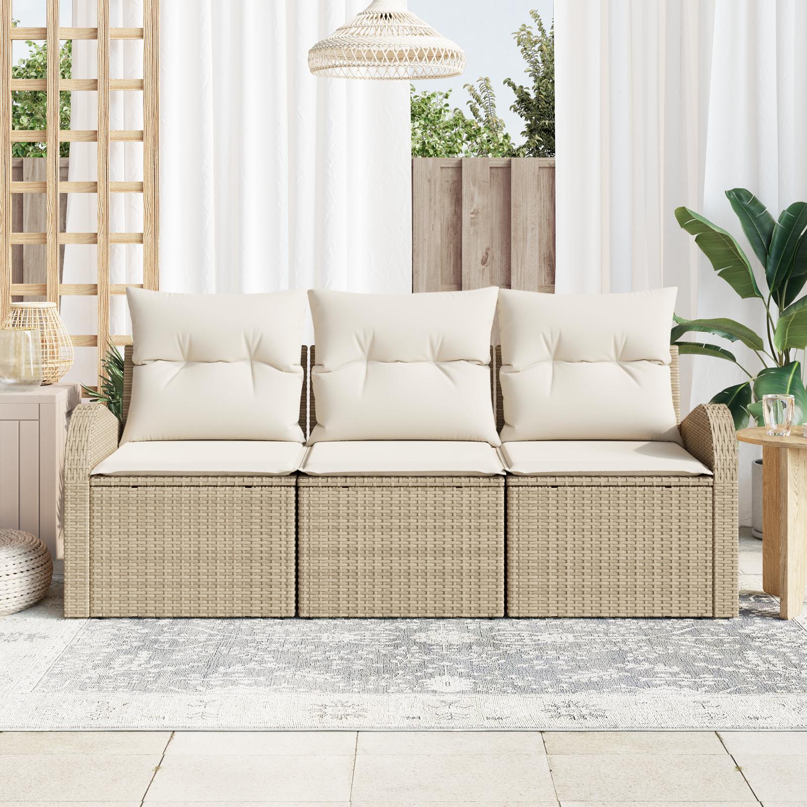 Havesofa Sæt med pude 3 stk Beige og hvid Poly rattan
