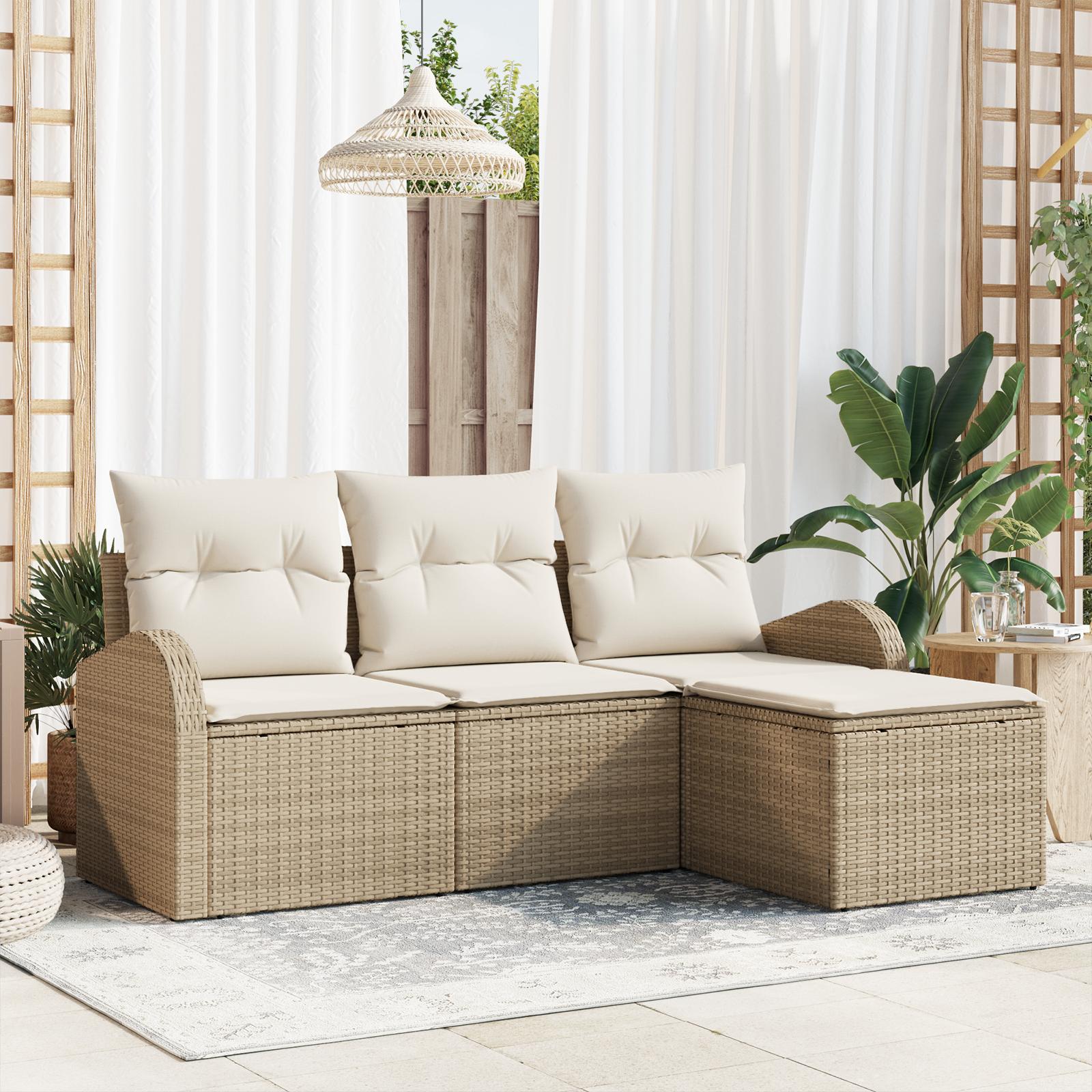 Havesofa Sæt med pude 4 stk Beige og hvid Poly rattan