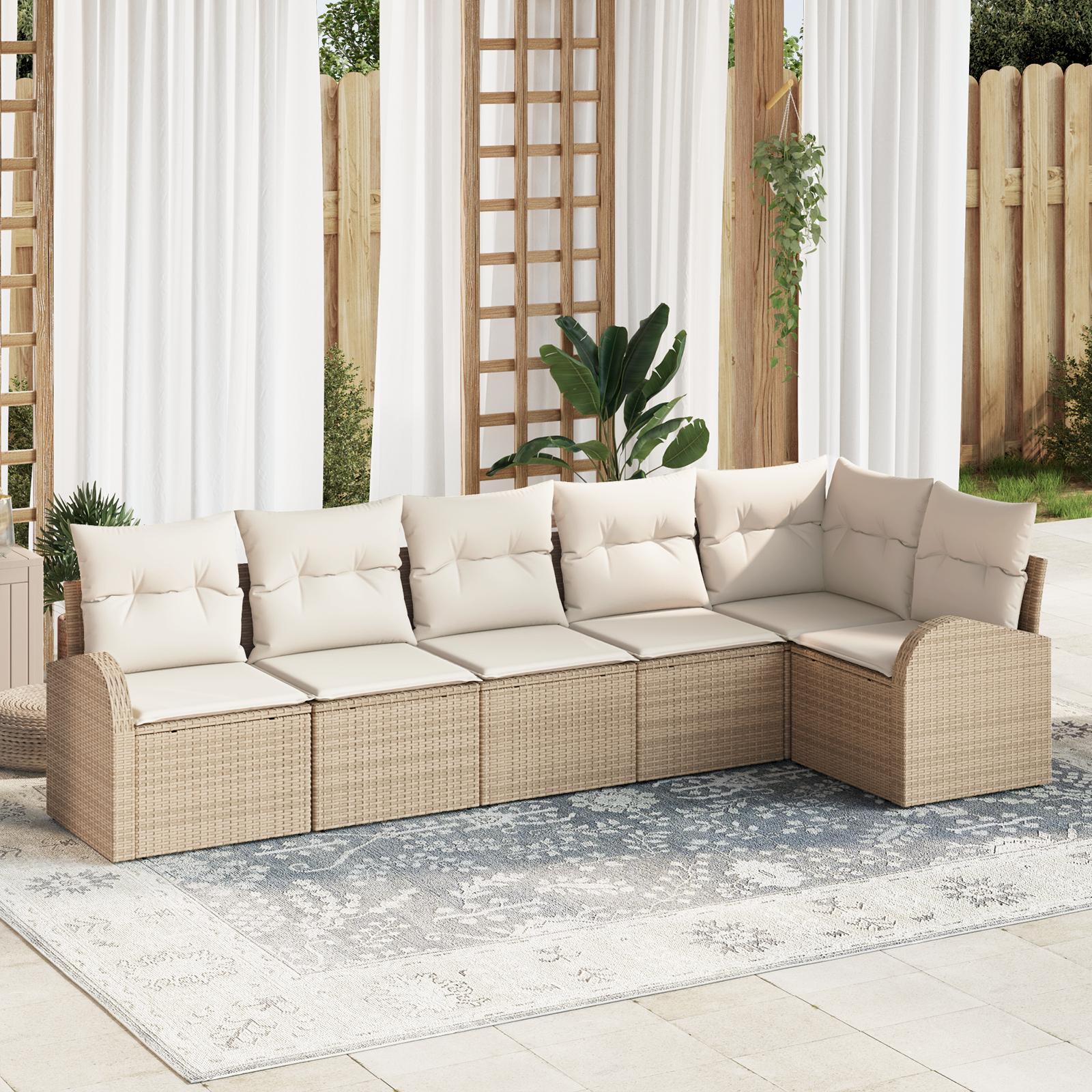 Havesofa Sæt med pude 6 stk Beige og hvid Poly rattan