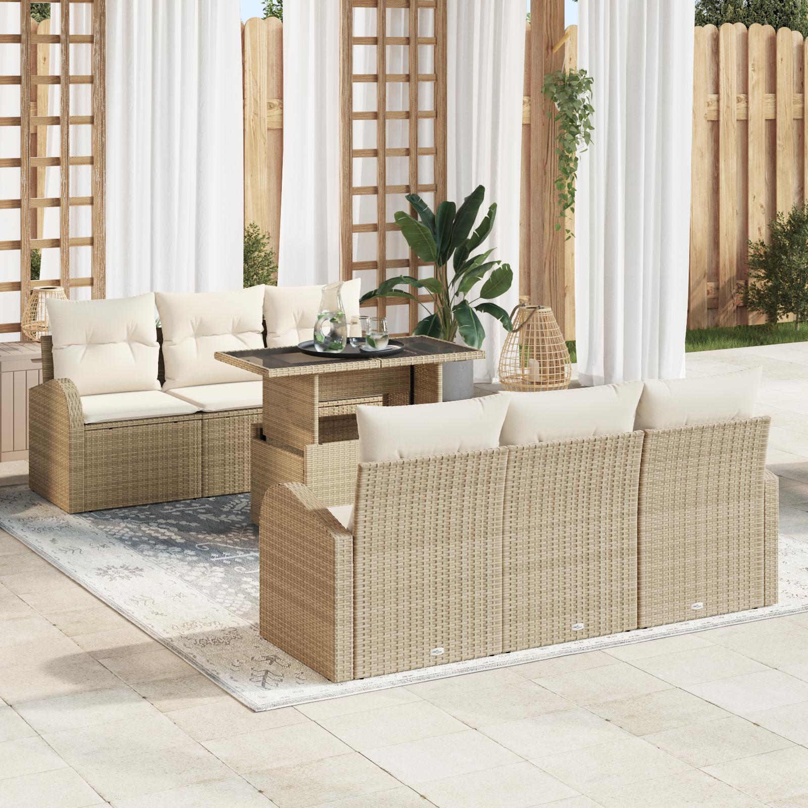 Havesofa Sæt med pude 7 stk Beige 100 x 55 x 73 cm Poly rattan