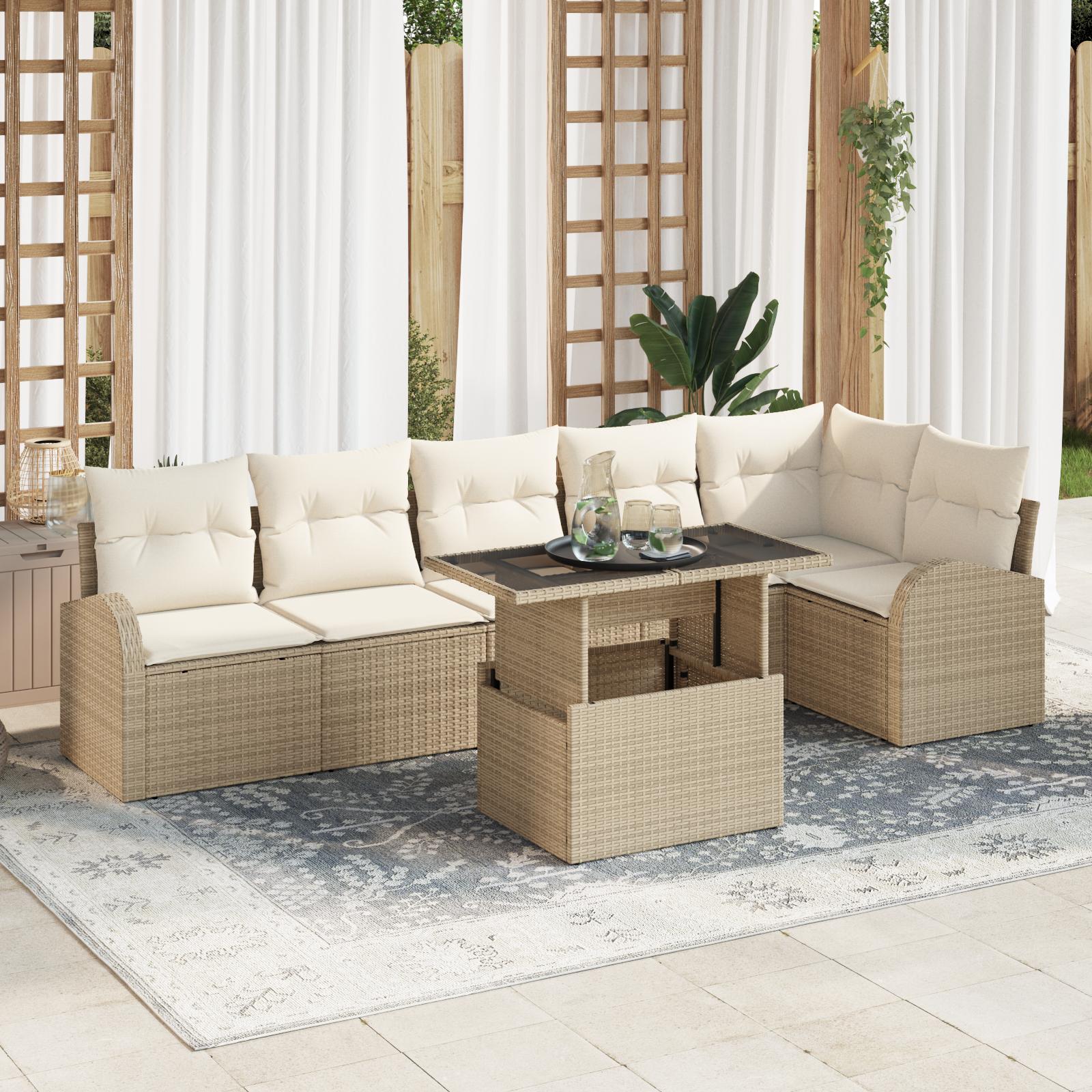 Havesofa Sæt med pude 7 stk Beige 100 x 55 x 73 cm Poly rattan