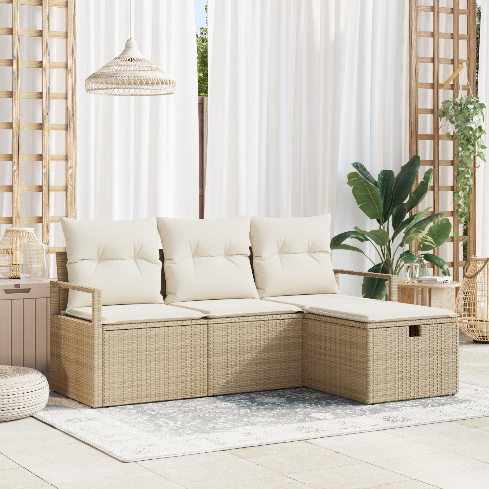Havesofa Sæt med pude med opbevaring 4 stk Beige Poly rattan