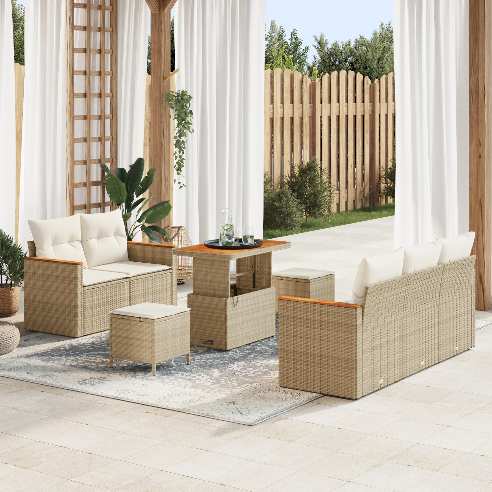 Havesofa Sæt med pude med opbevaring 8 stk Beige Poly rattan