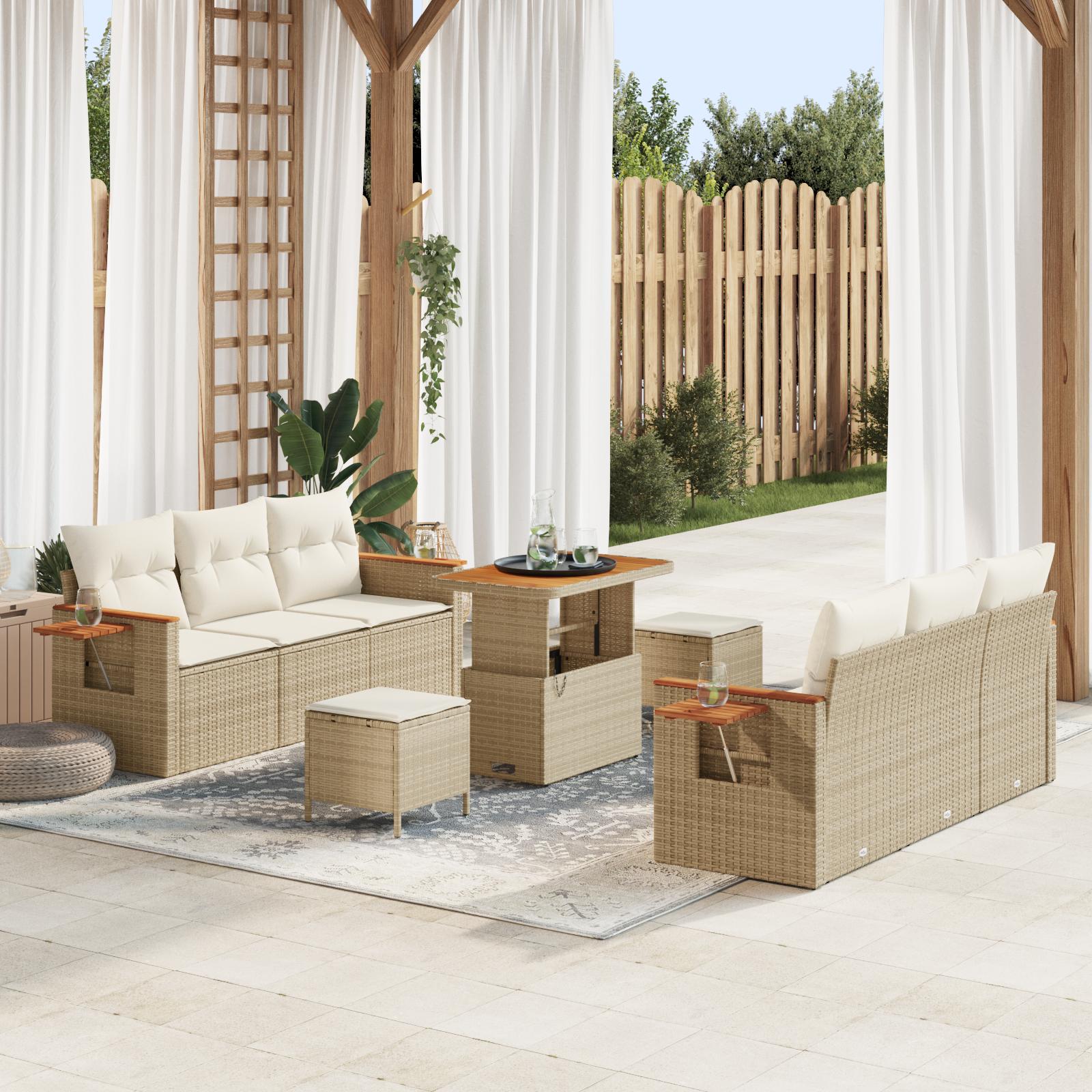 9 Deles Have Sofa Sæt Med Puder Beige Poly Rattan Akacietræ