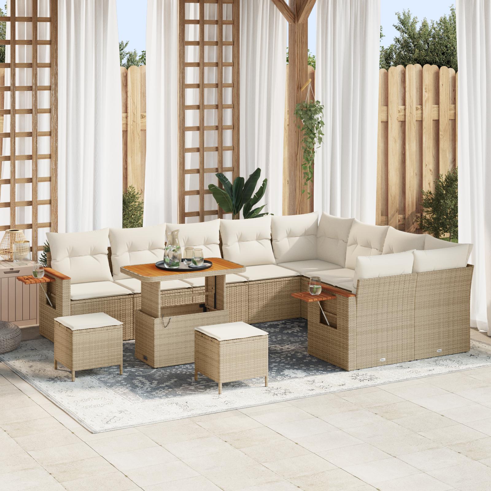 12 Stk. Havemøbelsofa Sæt med Hynder Beige Poly Rattan Akacie
