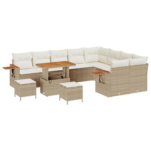 12 Stk. Havemøbelsofa Sæt med Hynder Beige Poly Rattan Akacie