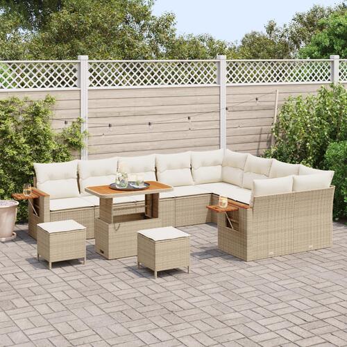 12 Stk. Havemøbelsofa Sæt med Hynder Beige Poly Rattan Akacie