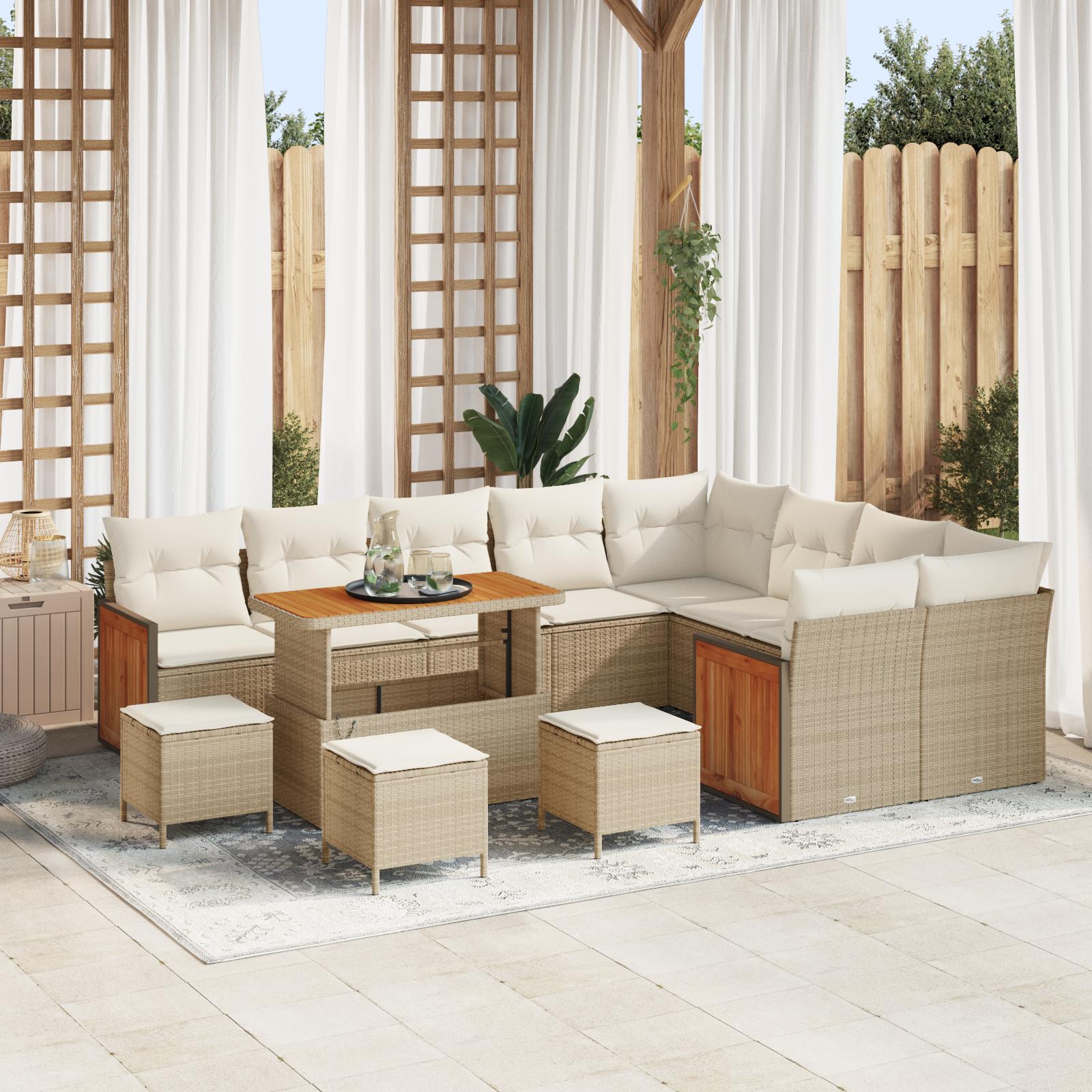 Havesofa Sæt Med Pude 13 Dele Polyrattan - beige og cremehvid / 110 cm bordlængde