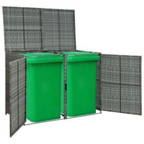 Dobbelt skraldespandsskjuler i polyrattan - 148 × 77 × 111 cm, grå