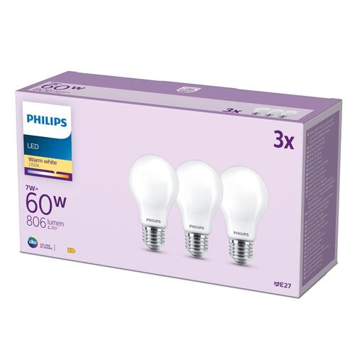 Philips LED pære A60 E27 7 W (60 W) 2700 K - 3 stk.
