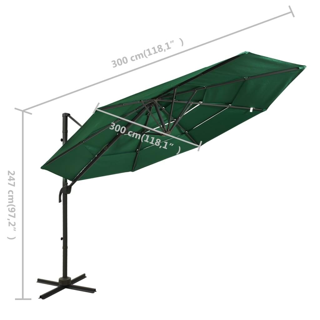 Parasol 3x3 m aluminiumsstang 4 niveauer grøn