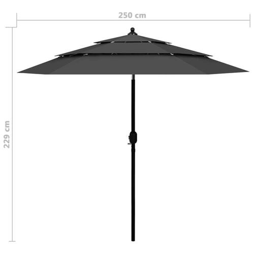 Parasol med aluminiumsstang i 3 niveauer 2,5 m antracitgrå