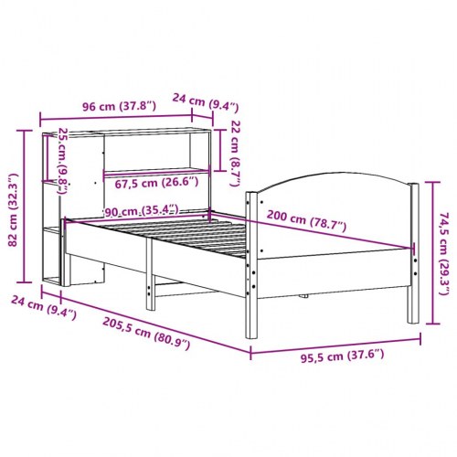 Seng med reol uden madras 90x200 cm massivt fyrretræ