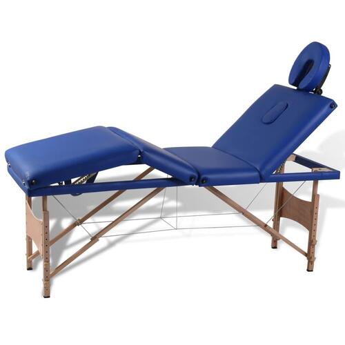 Sammenfoldeligt massagebord med træstel 4 zoner blå