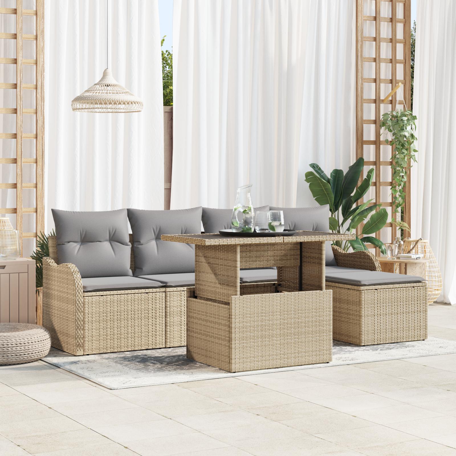 Havesofa SÃ¦t med pude 6 stk Beige Poly rattan