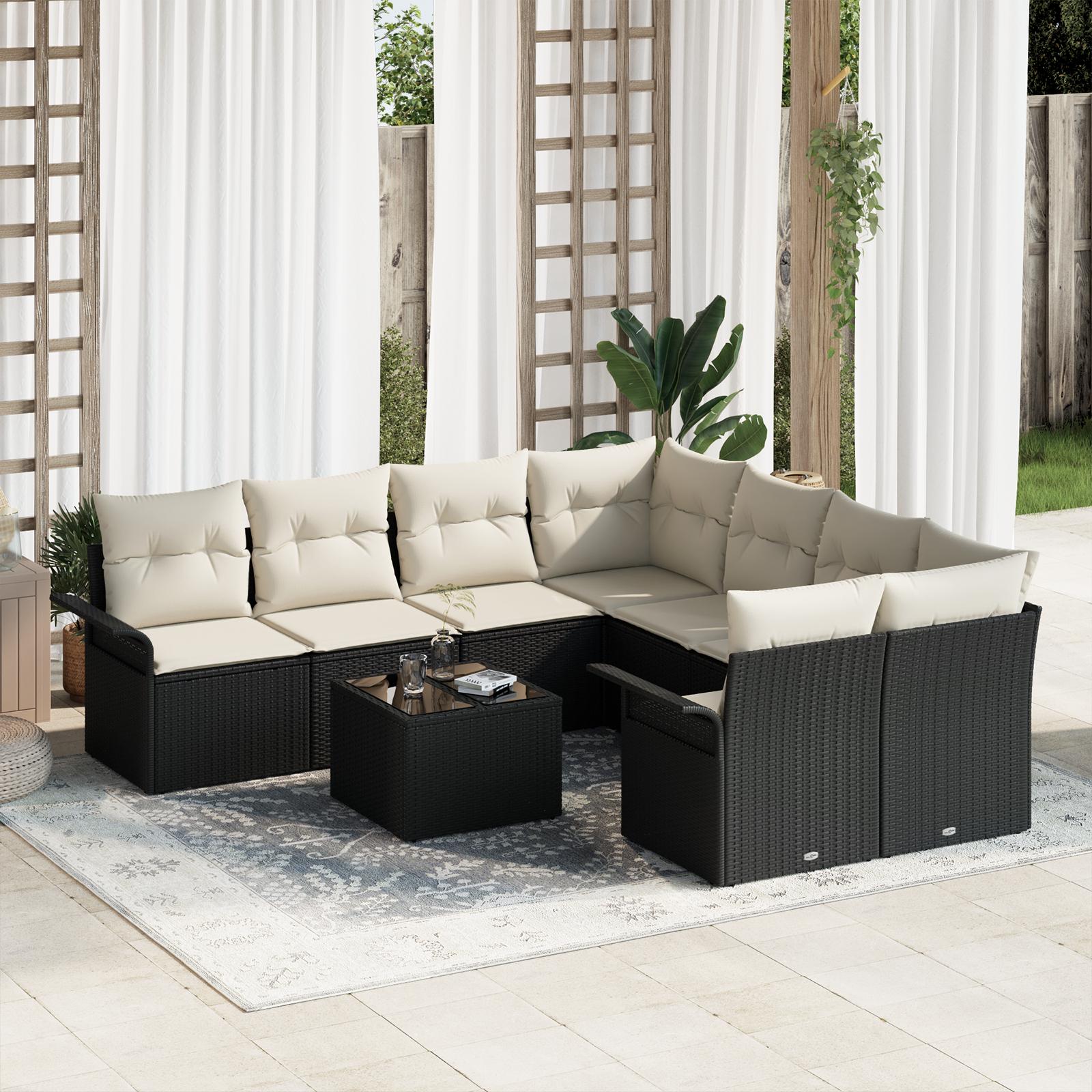 Havesofa Sæt med pude 9 stk Sort og Cream 55 x 55 x 37 cm