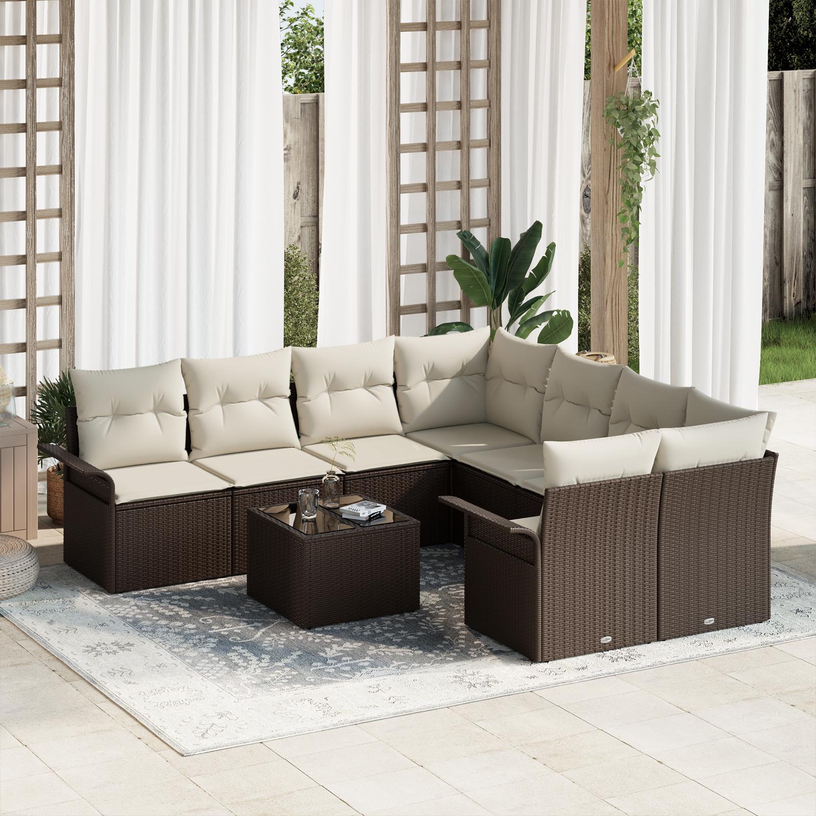 Havesofa SÃ¦t 9 stk Brun og Creme Polyrattan og stÃ¥l og glas